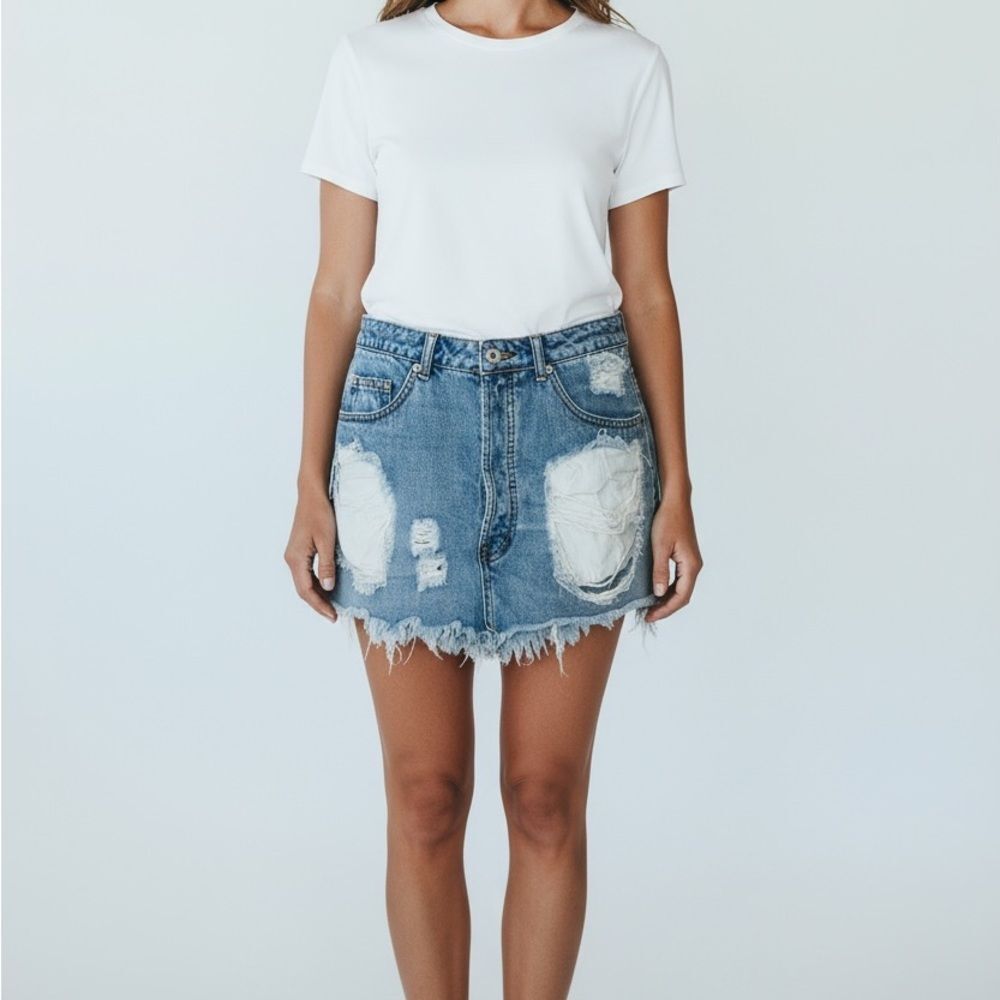 Vestique Blue Distressed Mini Skirt